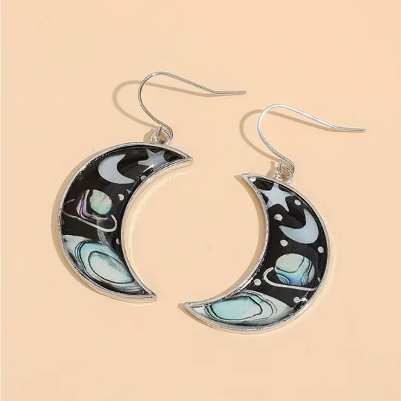 Retro Universe Starry Sky Crescent Hook Earrings Zinc Alloy Silver Plated Trendy - Picture 7 of 9